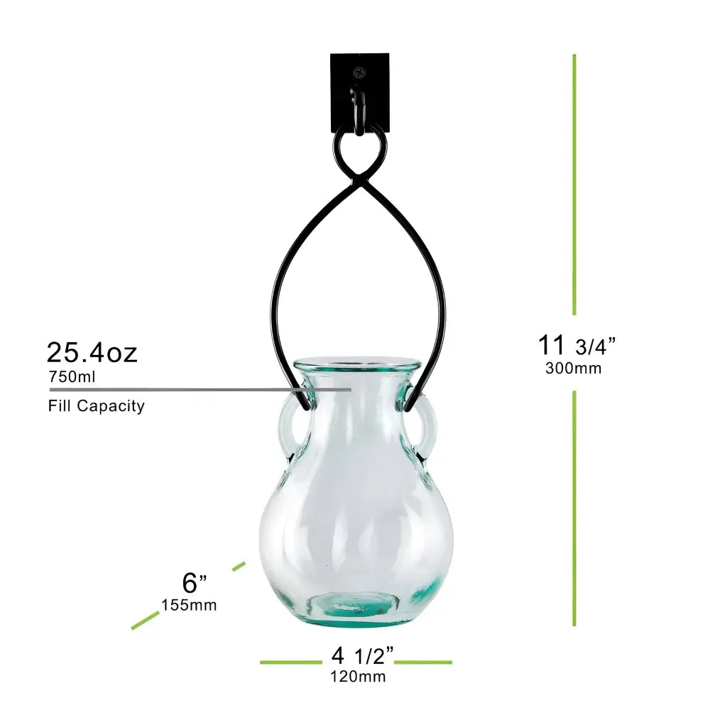 12’’ French Country handmade hanging glass vase with wall hook