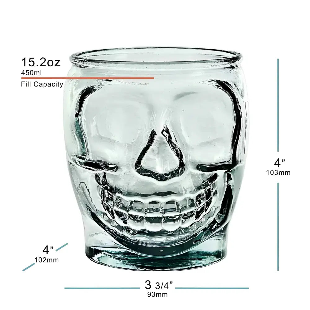 Clear glass sugar skull tumbler with capacity labels, perfect for a bold statement