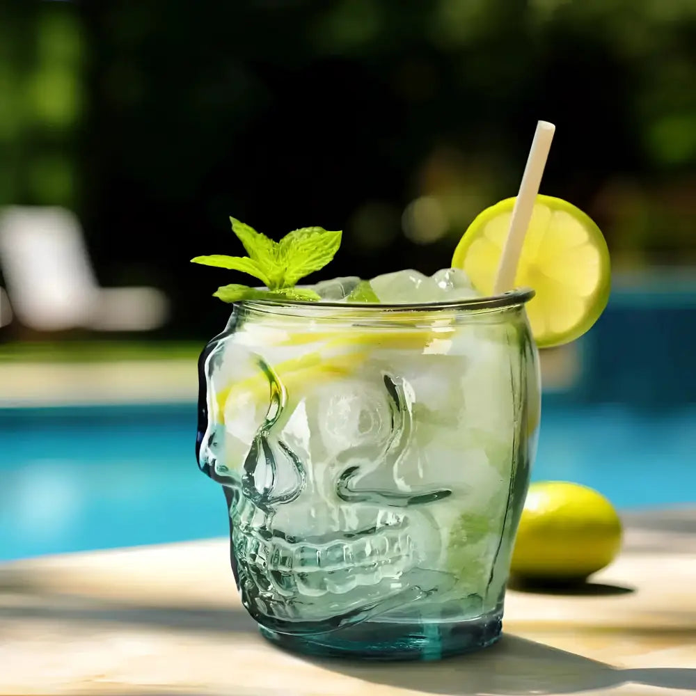 Skull-shaped glass with mojito, mint, lime; perfect for your sugar skull tumbler collection