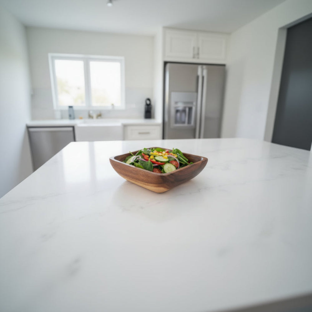Handcrafted Acacia Square Server Bowl with rich wood grain