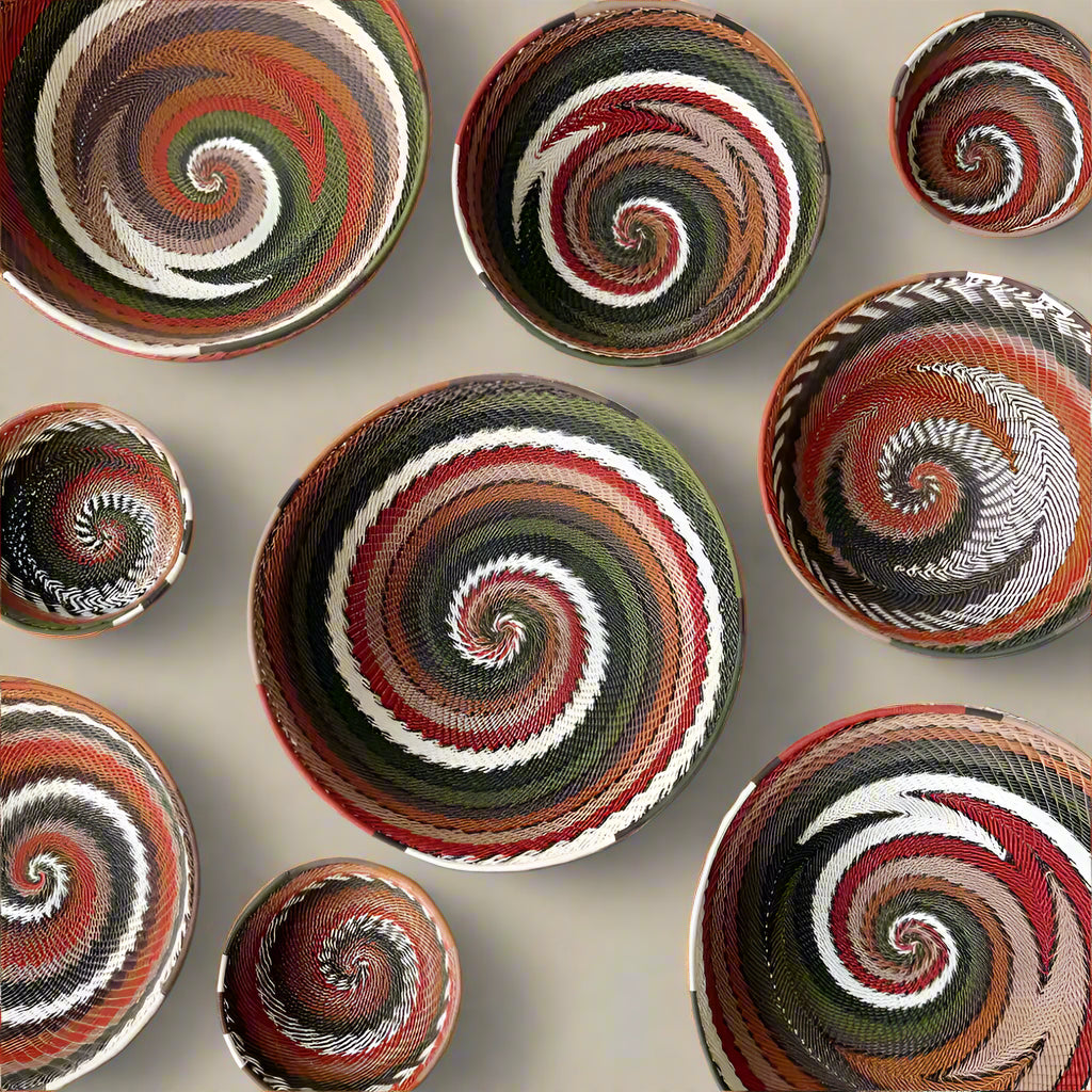 Handwoven African Zulu wire bowl from recycled telephone wire with spiral patterns
