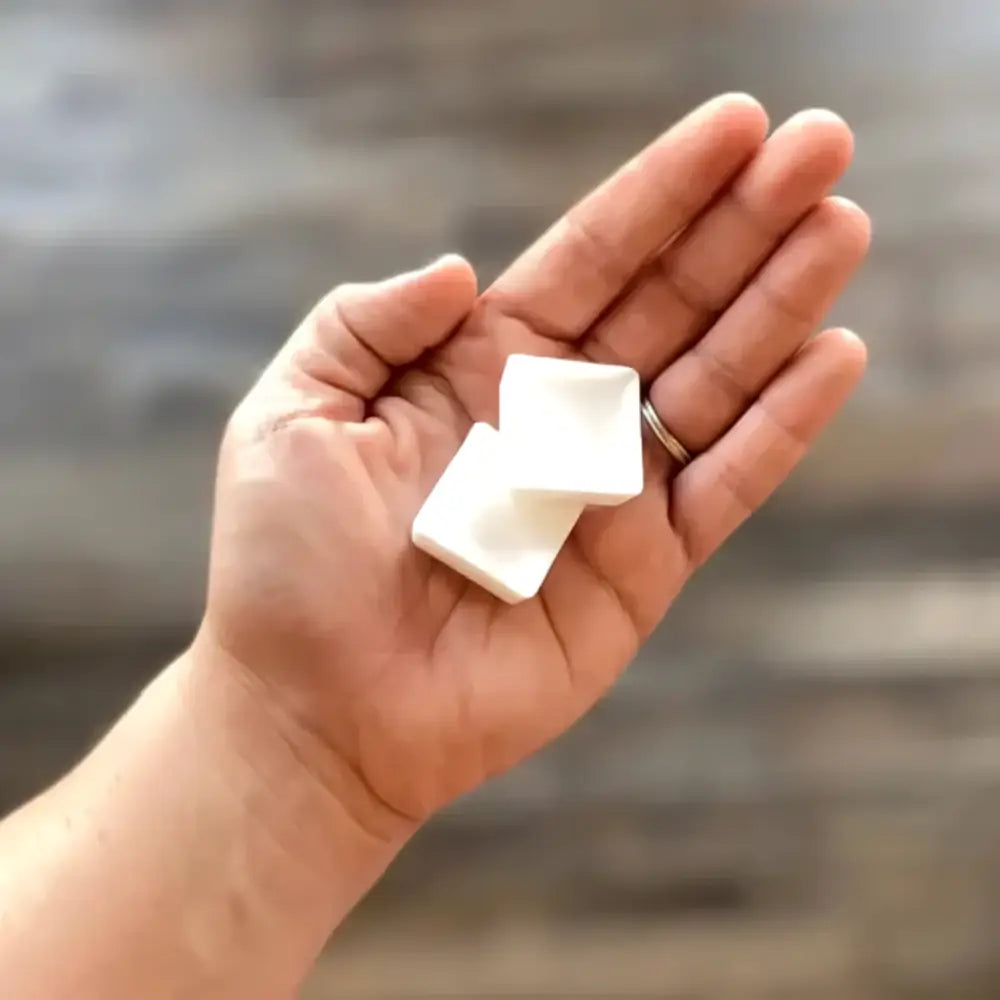 Two off-white autumn leaves coconut-soy wax melts held in hand with spiced apples scent perfect for cozy vibes