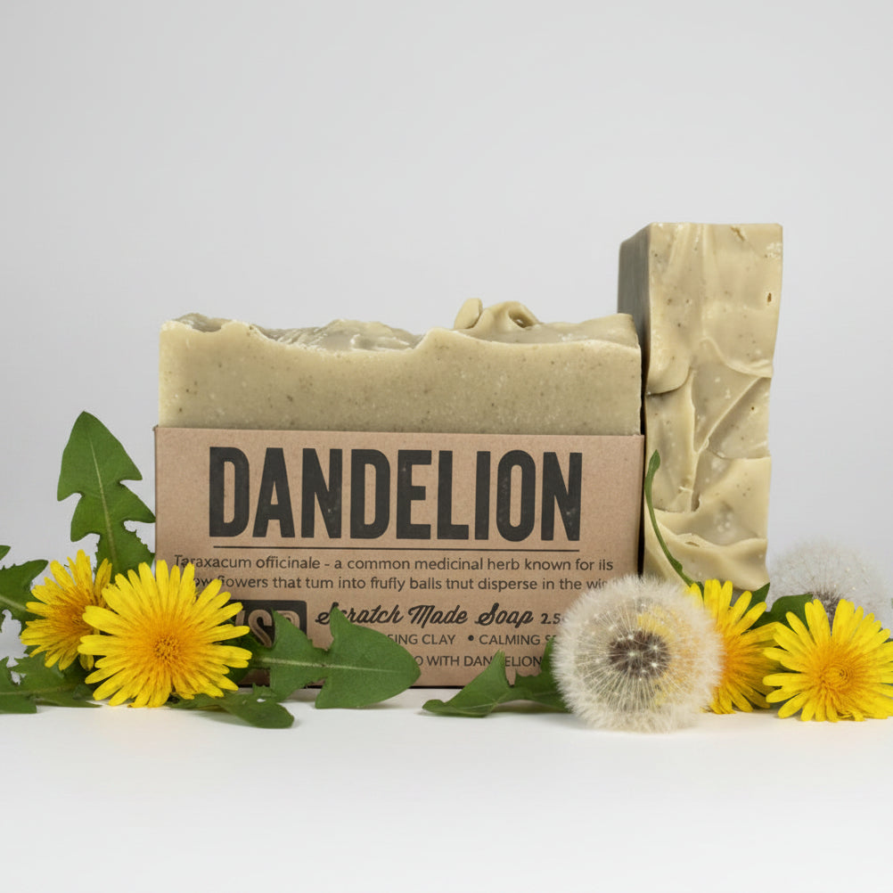 Rustic Dandelion Bar Soap with Awsb branding in earthy tones