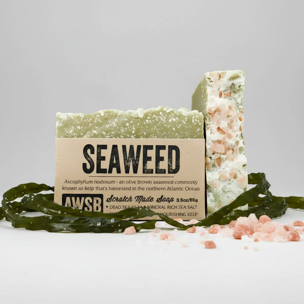Seaweed soap bar with green pink speckles, dead sea clay, mineral sea salt