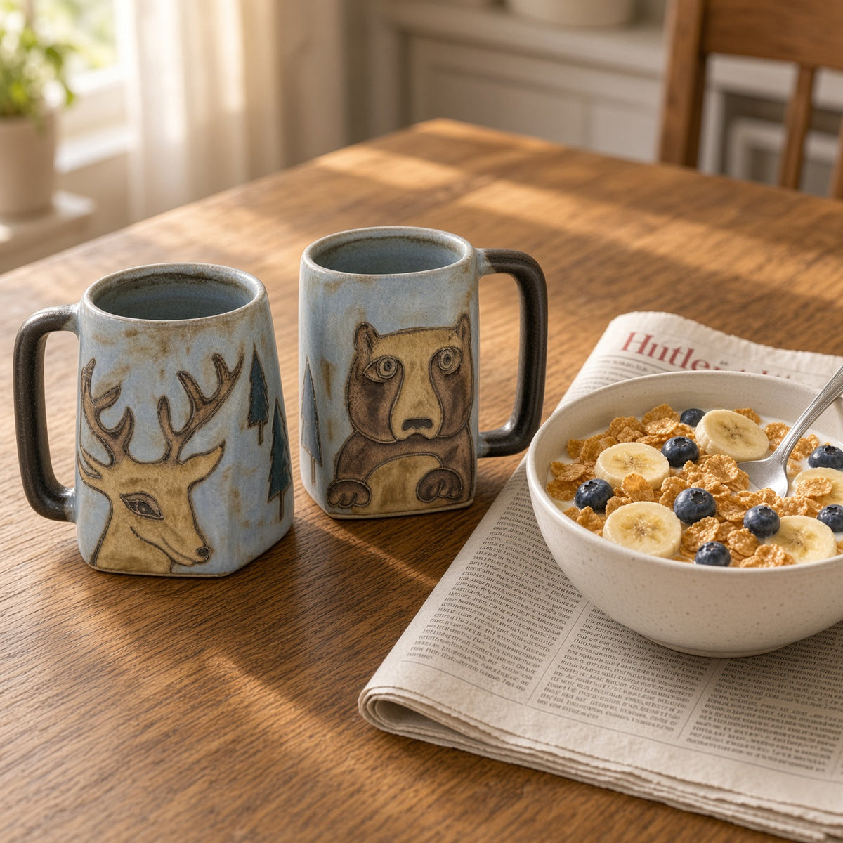Two hand-painted stoneware mugs with deer and bear designs in rustic earthy tones and dark handles, sturdy and stylish