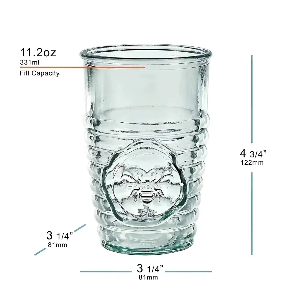 Eco-friendly recycled glass 11 Oz Bee Tumbler with textured beehive design and embossed bee