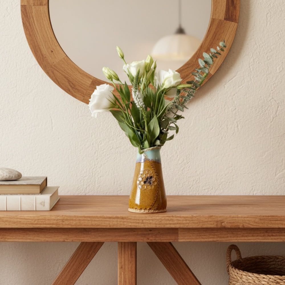 Handcrafted Bee Vase: rustic brown ceramic with honeycomb pattern