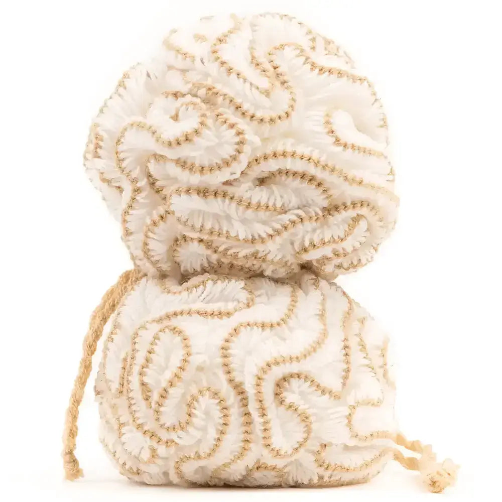 Cream-colored drawstring pouch with gold embroidery for authentic Turkish bath gift set