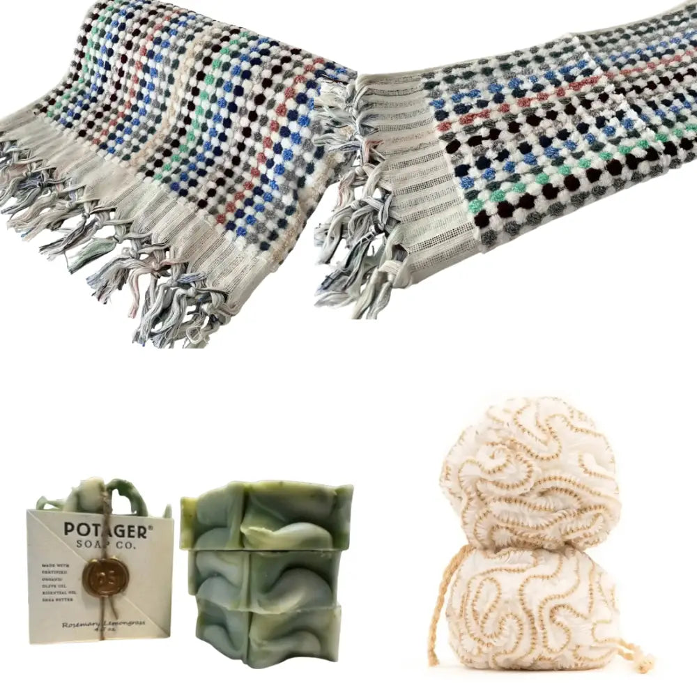 Colorful patterned cotton bath towel with fringe, green soap, and bath poufs for authentic Turkish bath experience