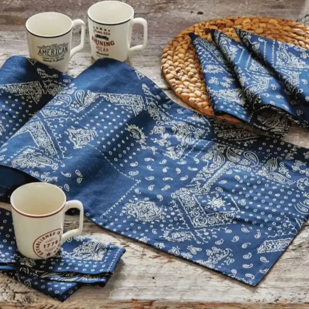 Blue bandana napkins set of 4 with vibrant bandana pattern on cloth table linens