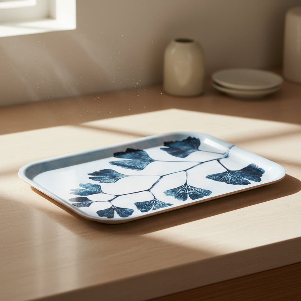 Blue Ginkgo Leaf Art handcrafted charming small tray made of eco-friendly birch wood