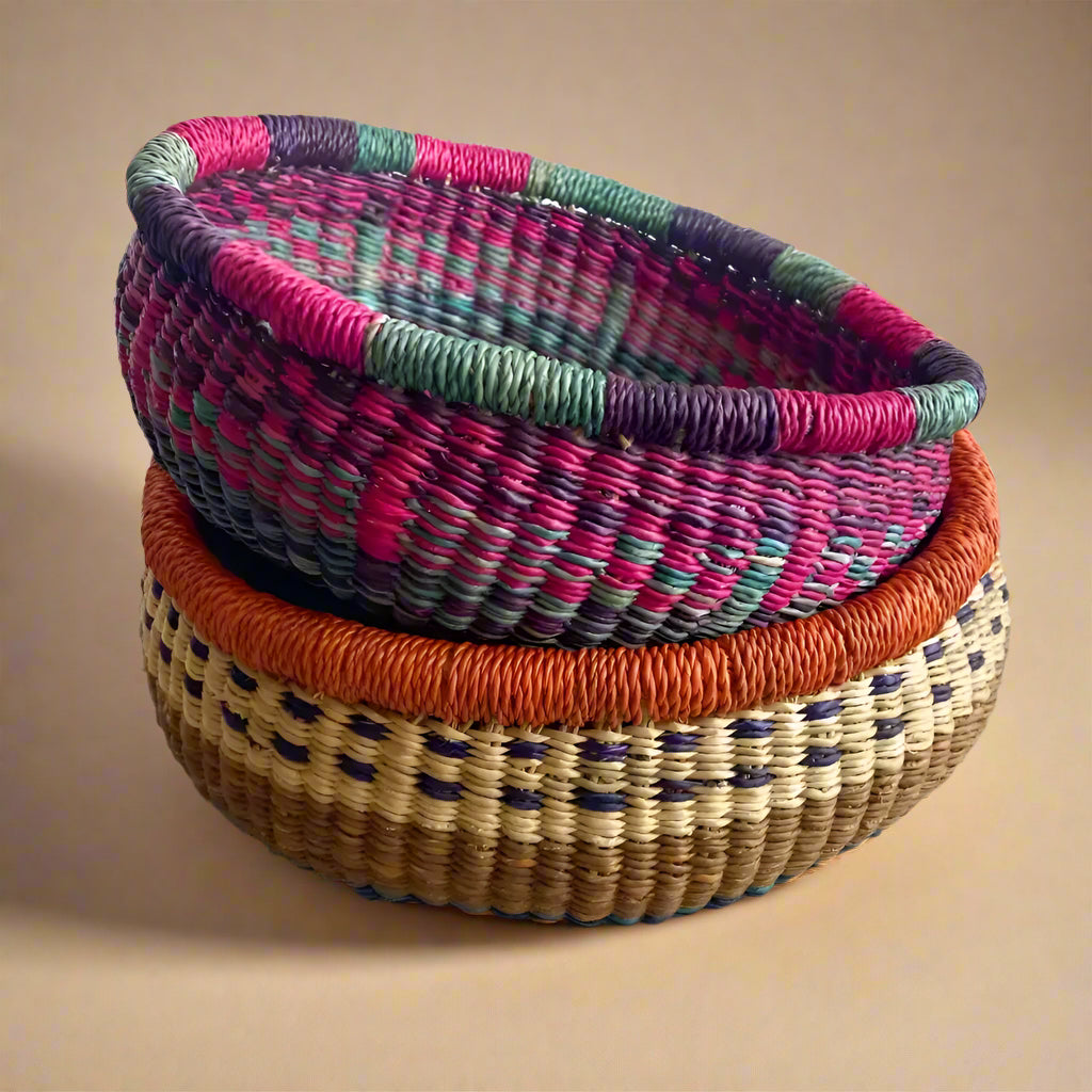 Colorful nested round Bolga basket from Rookery Home, locally harvested and hand-woven