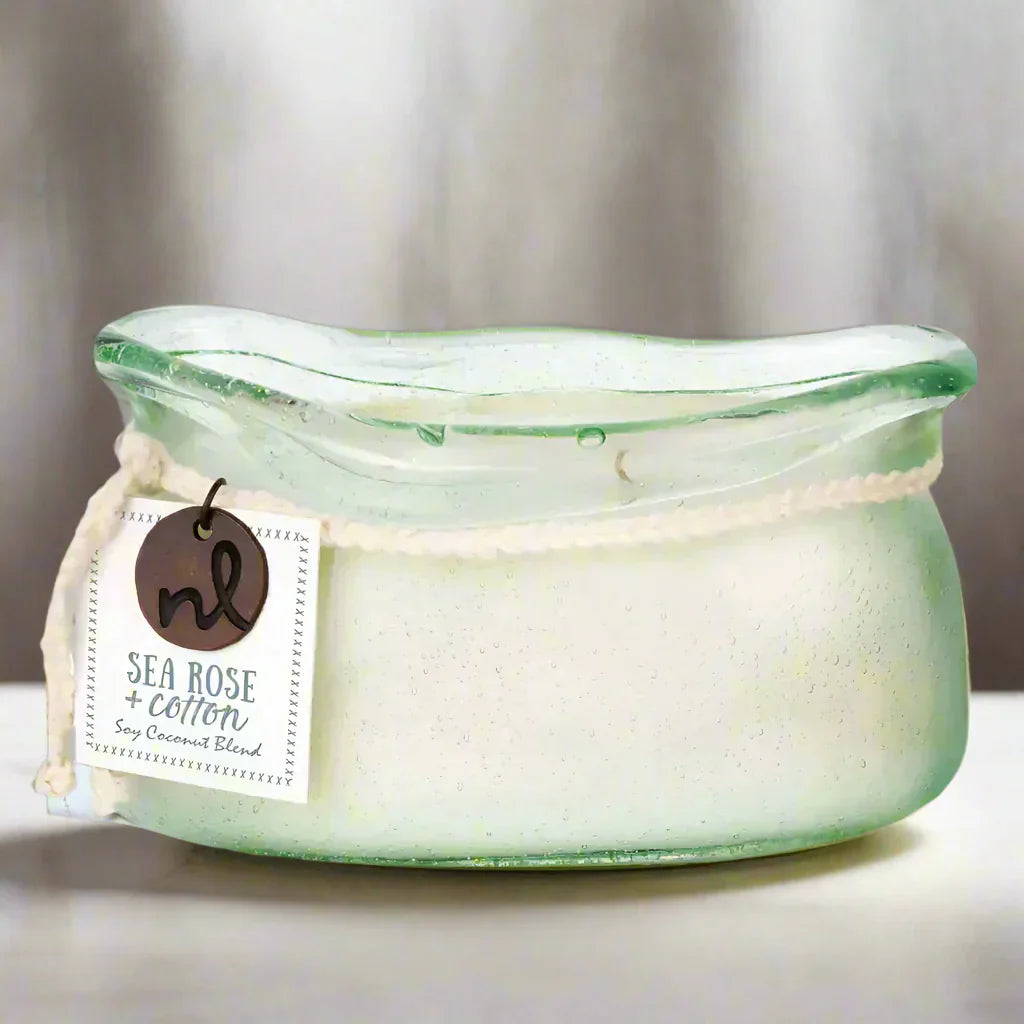 Light green bubble glass candle from Bubble Glass Candle Collection with Sea Rose Cotton scent