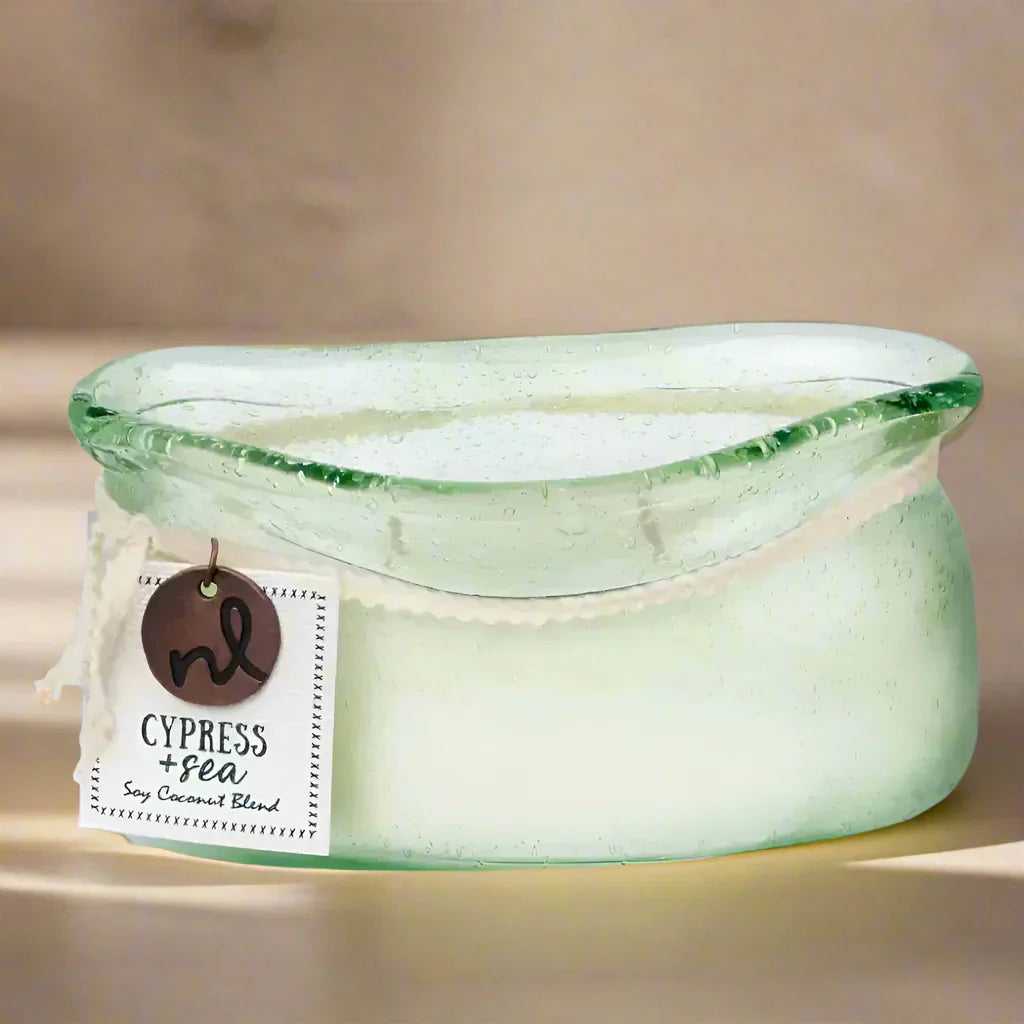 Light green glass candle from Bubble Glass Candle Collection with soy coconut blend