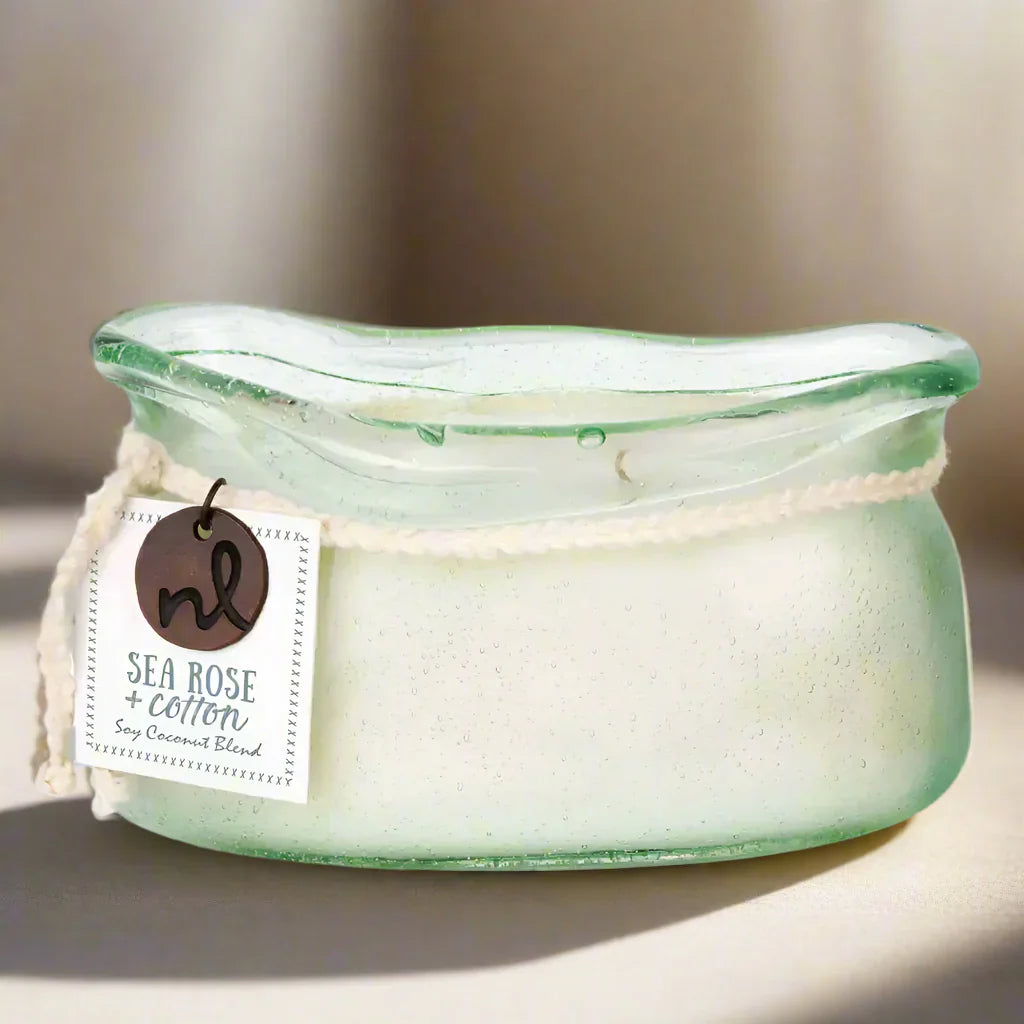 Light green bubble glass candle jar from the Bubble Glass Candle Collection with Sea Rose Cotton scent