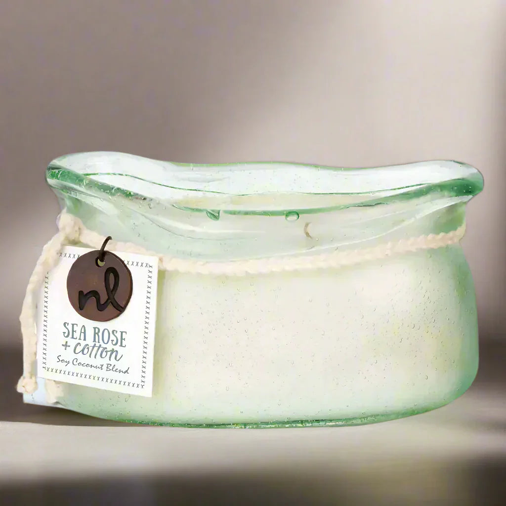 Sea rose and cotton scented soy coconut candle in wavy bubble glass container