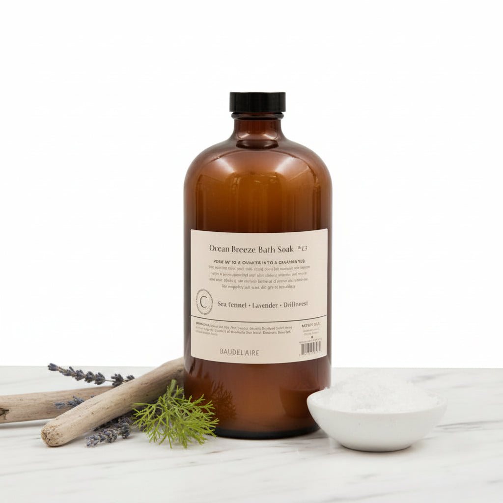 Handmade CALM Ocean Breeze Soak 40oz in amber glass bottle with Baudelaire label