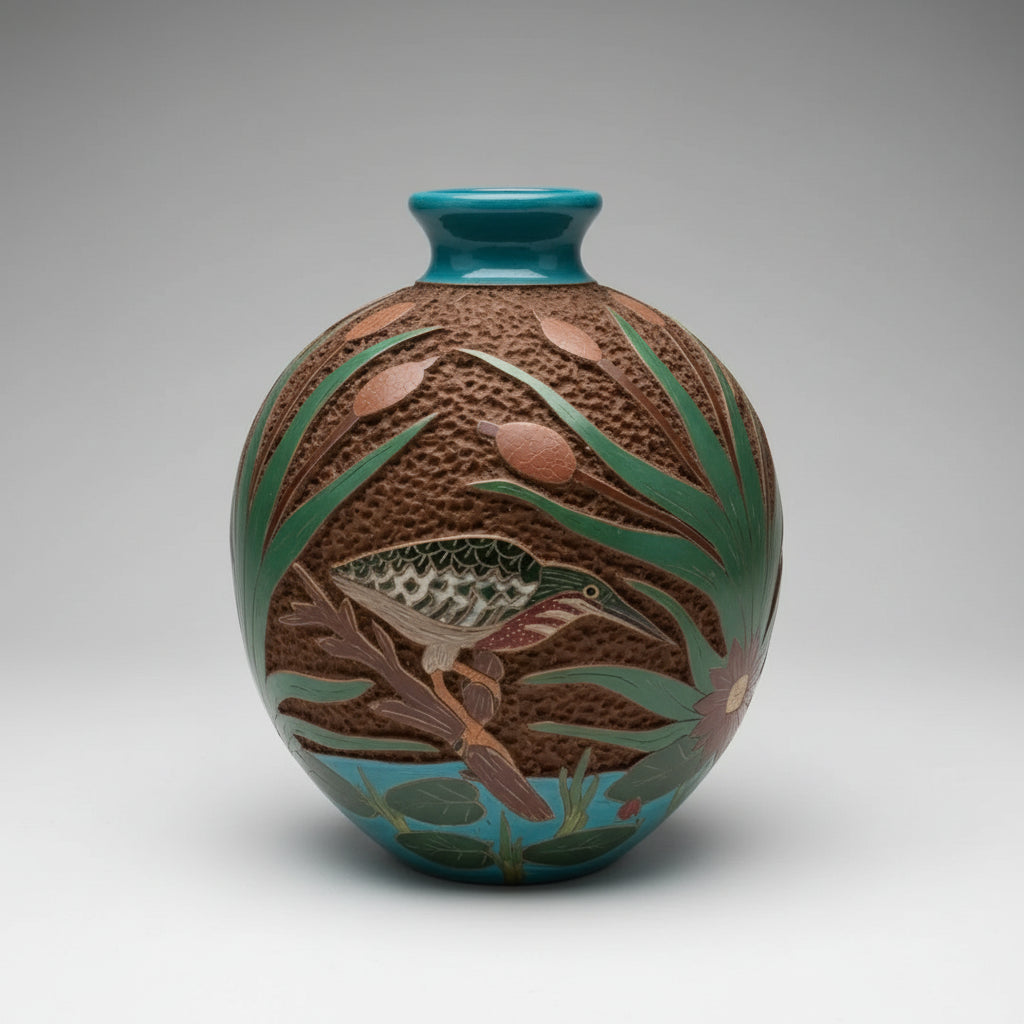 Terracotta carved clay heron vase with green-blue rim and textured clay beneath design