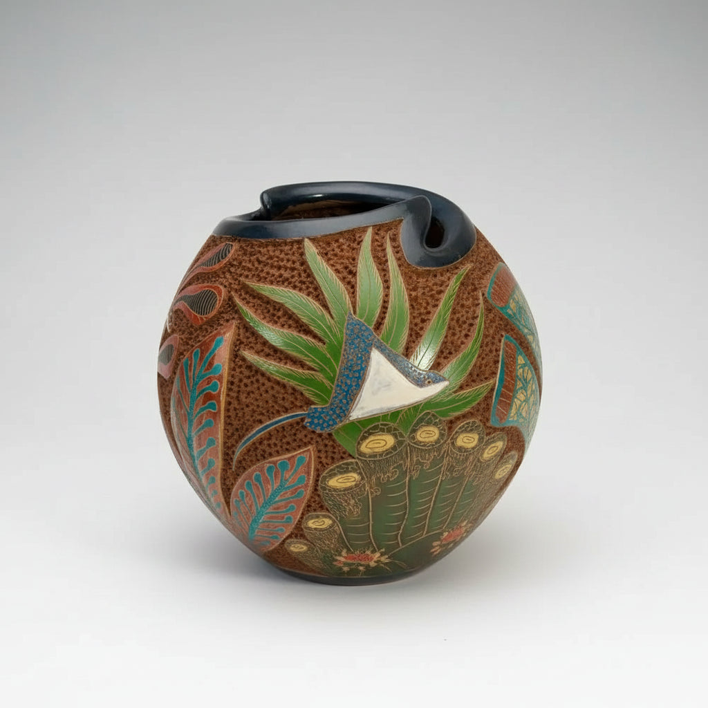 Decorated carved clay turtle vase with dark opening, perfect to celebrate ocean vibes
