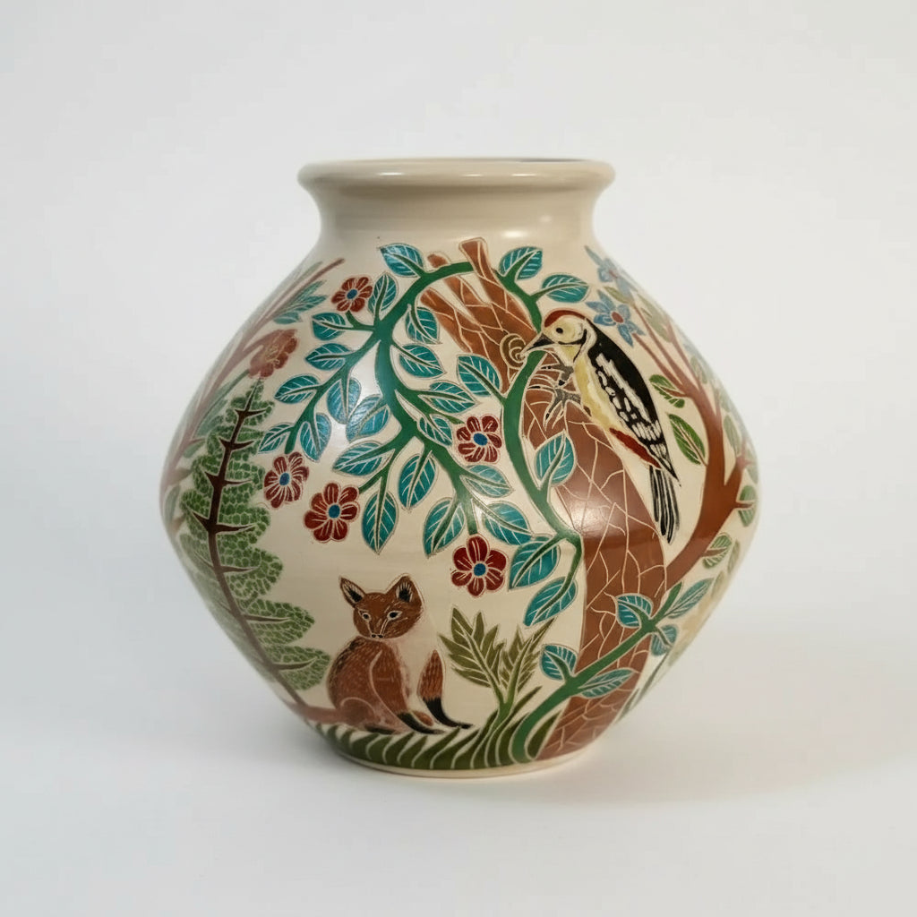 Cream-colored carved clay woodland vase with intricate forest and animal design for sale