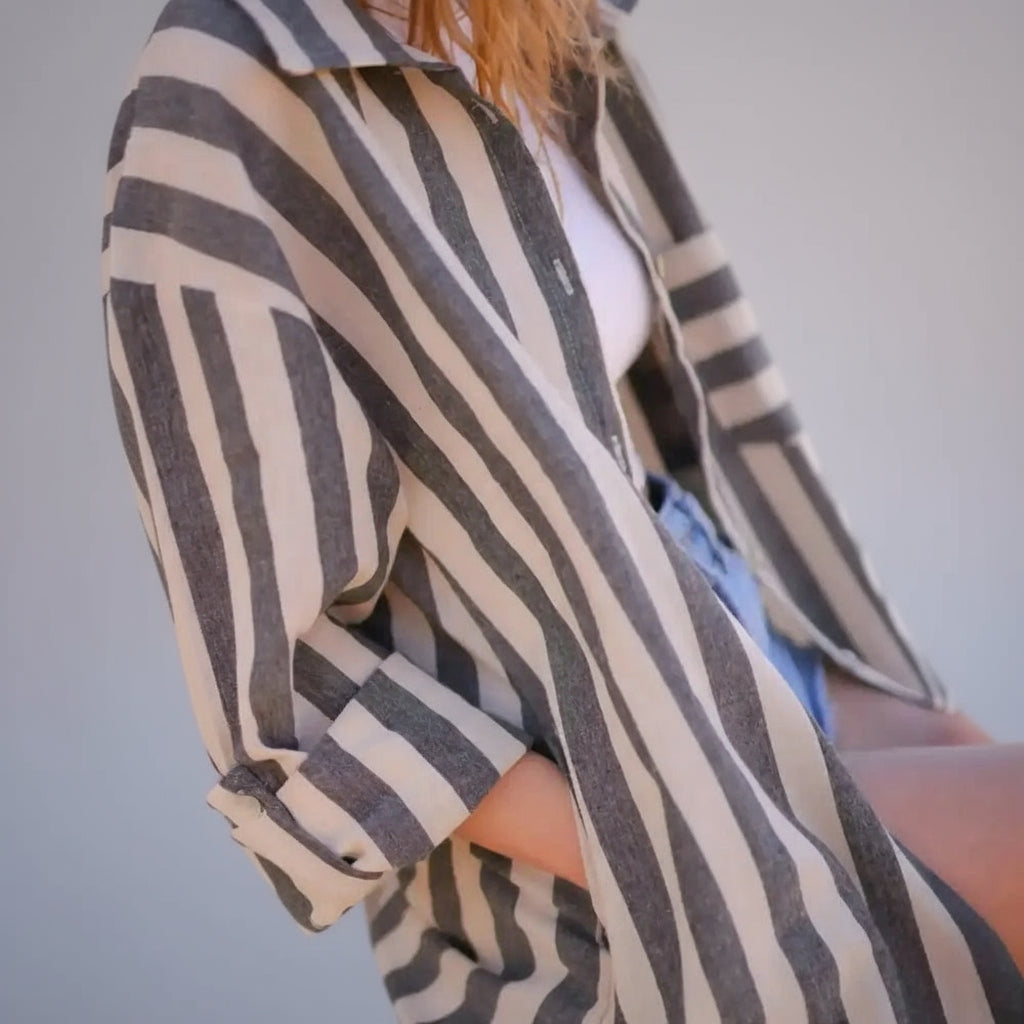 Long-sleeved striped linen cotton blend shirt dress cover up with collar and buttons