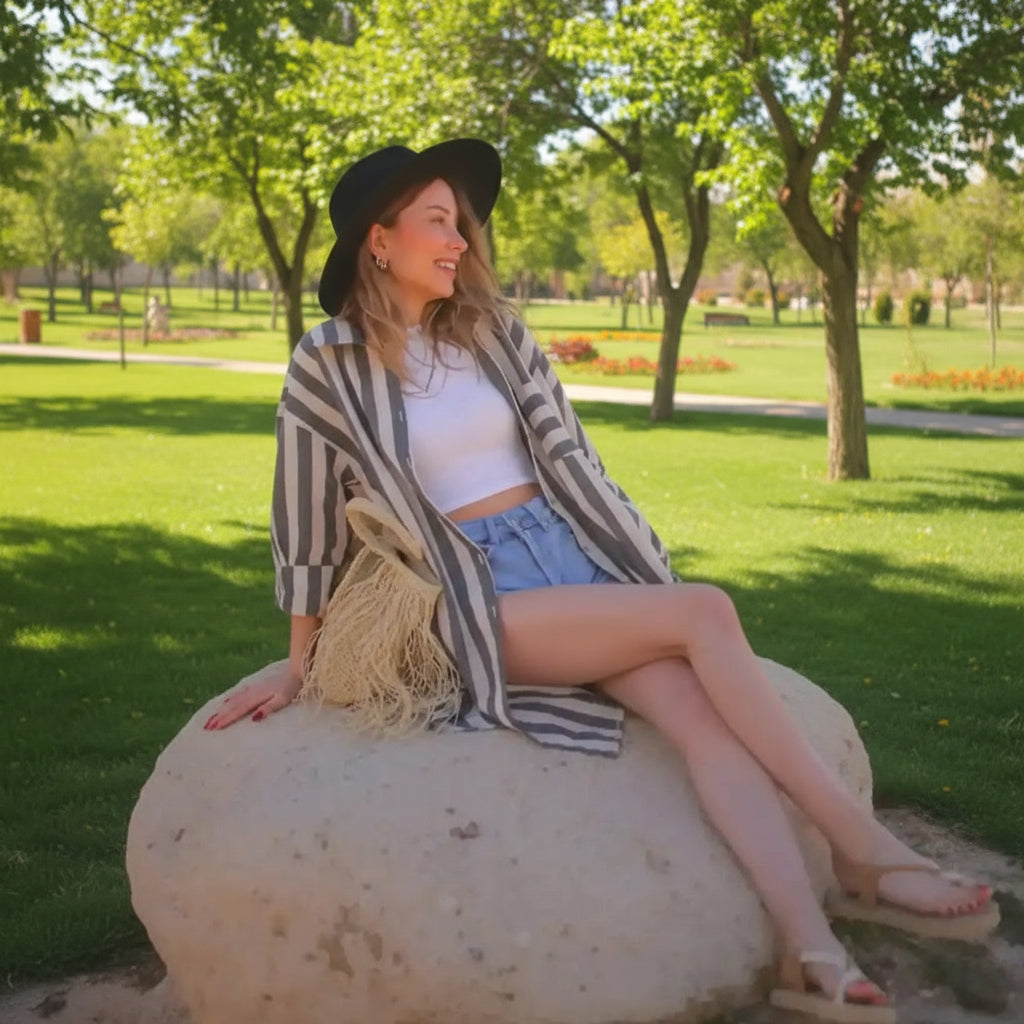 Woman in striped linen cotton blend shirt dress cover sitting on a rock relaxing outdoors