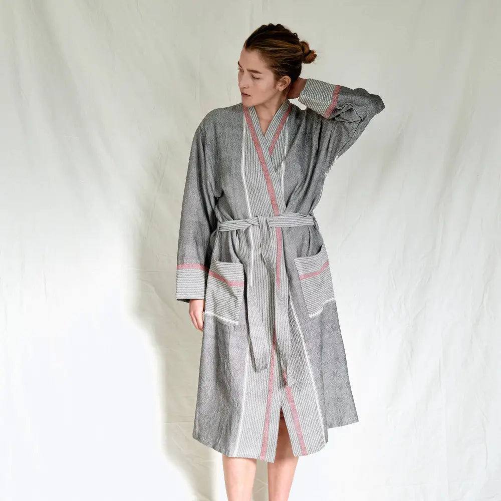 Gray and pink striped Charcoal Tribeca Long Bathrobe with pockets made of cotton