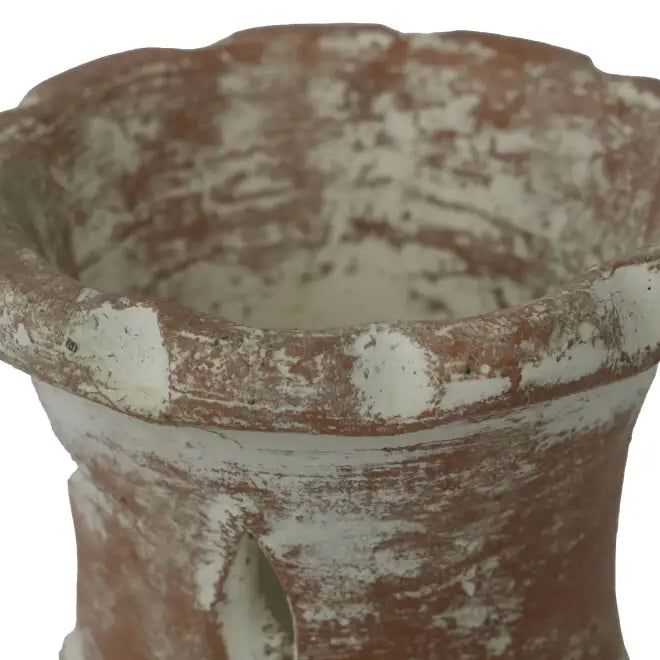 Hand-painted terracotta clay chimney candle holder with white patina scalloped rim