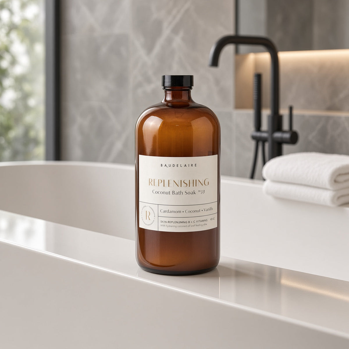 A sleek amber glass bottle of baudelaire replenishing coconut bath soak 40oz to improve skin texture on a white countertop