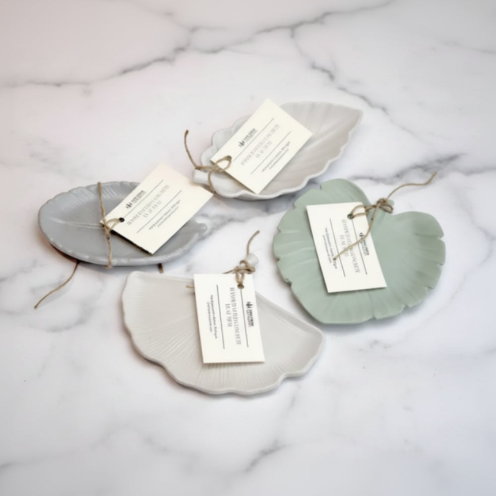 Handcrafted eco-friendly concrete leaf tray in gray and sage green