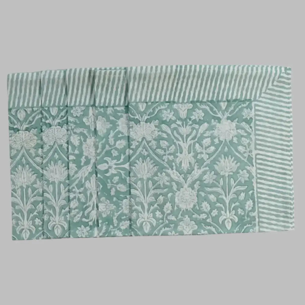 Five cotton block print napkins in greenish gray