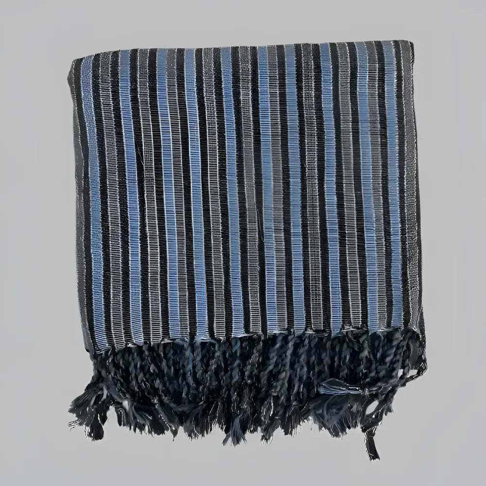 Dark Stripes Turkish Towel with black, blue, silver-grey stripes and dark fringe