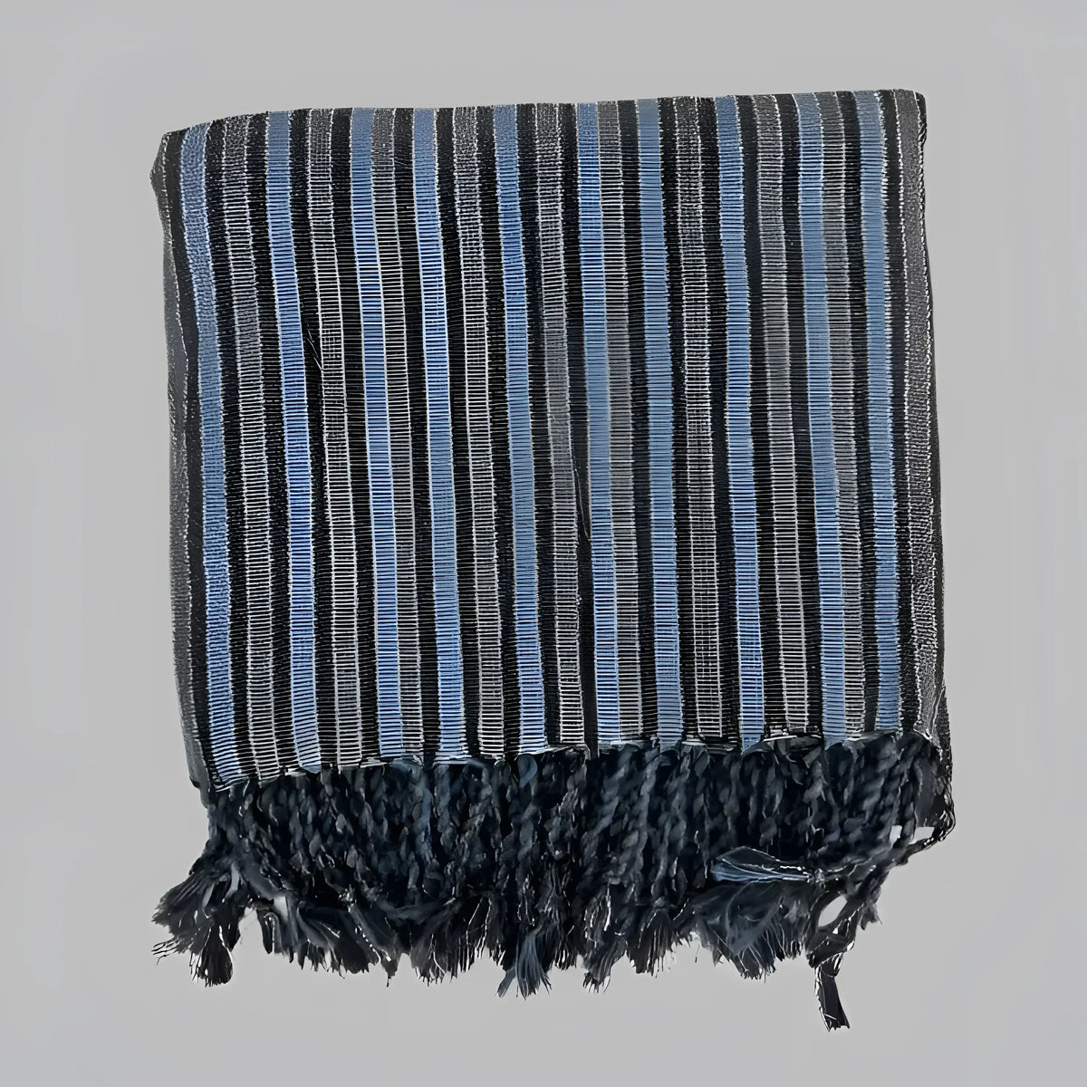Dark Stripes Turkish Towel with black, blue, silver-grey stripes and dark fringe