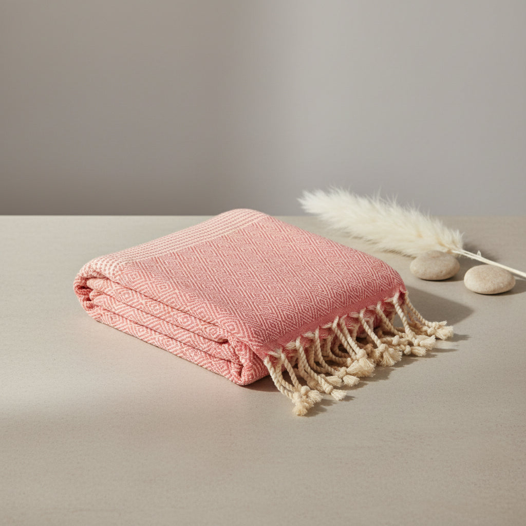 Coral red Turkish cotton towel with diamond dots pattern and tasseled edges
