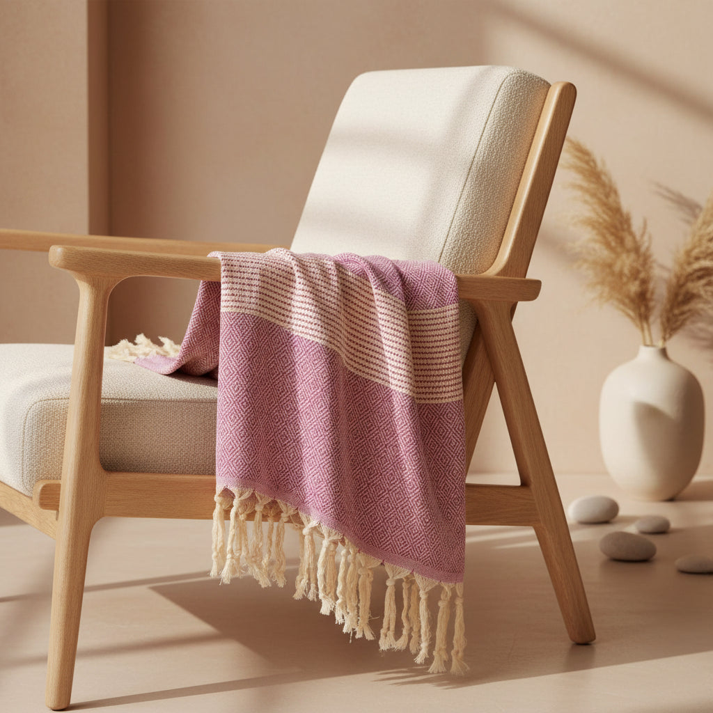 Pink and cream striped Turkish Cotton towel with diamond pattern and tassels for dots turkish beach