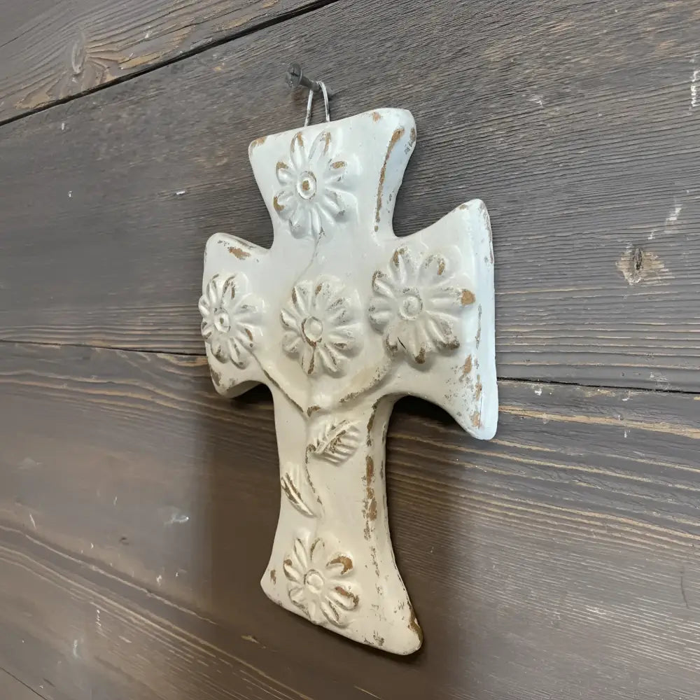 Distressed white daisy wall clay cross, handmade in Mexico