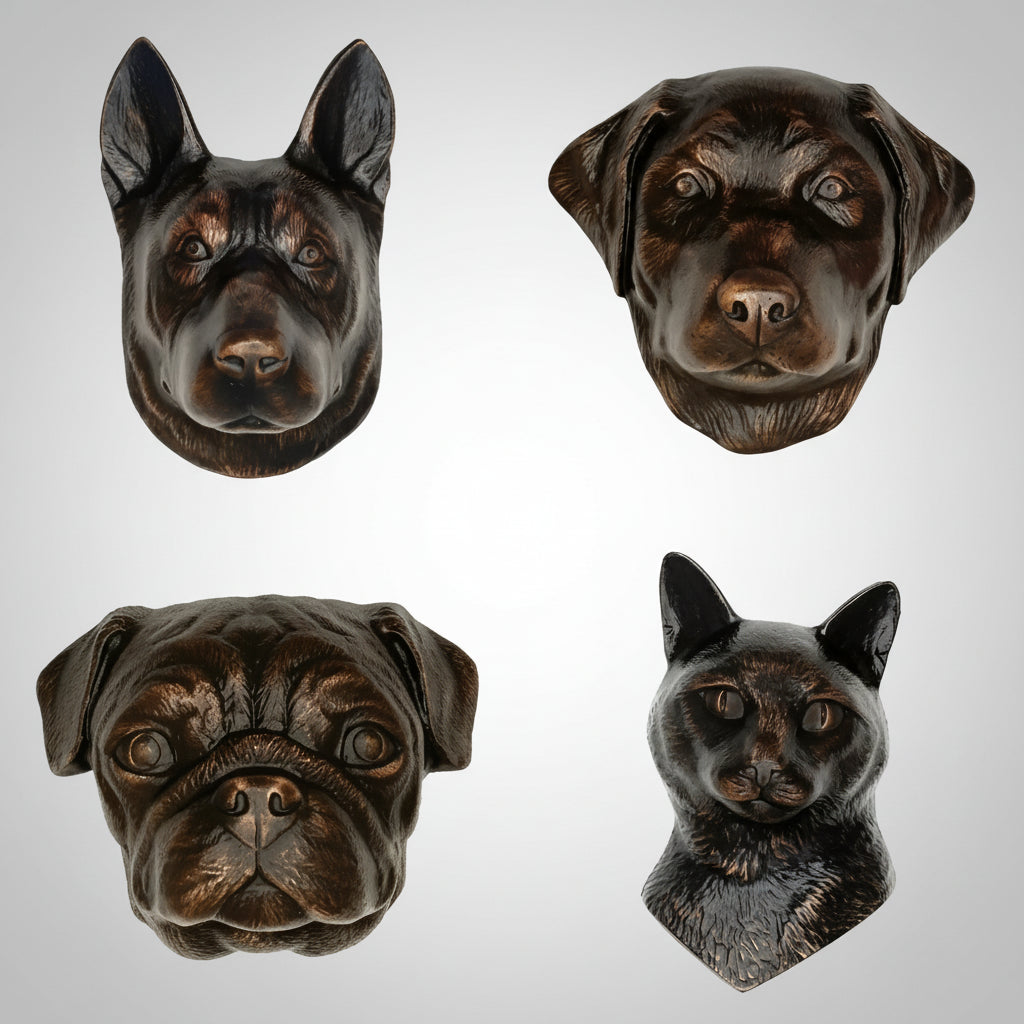 Four bronze animal head wall hangings from Dog and Cat Door Knocker Collection
