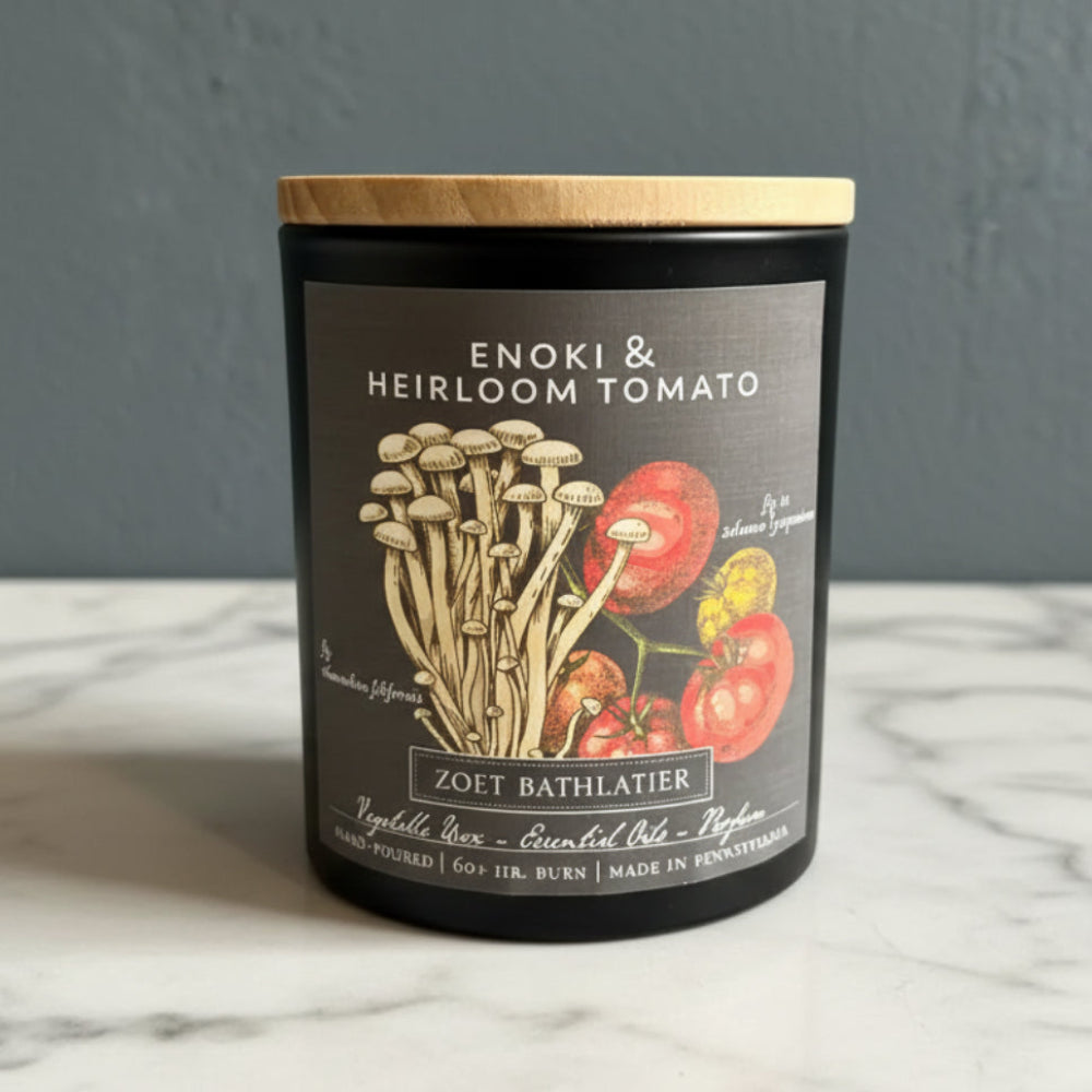 Handcrafted enoki and heirloom tomato mushroom candle by Zoet Bathlatier