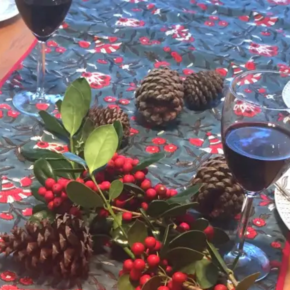 Festive Hand Block Table Runner made of fair trade organic cotton with holiday decor