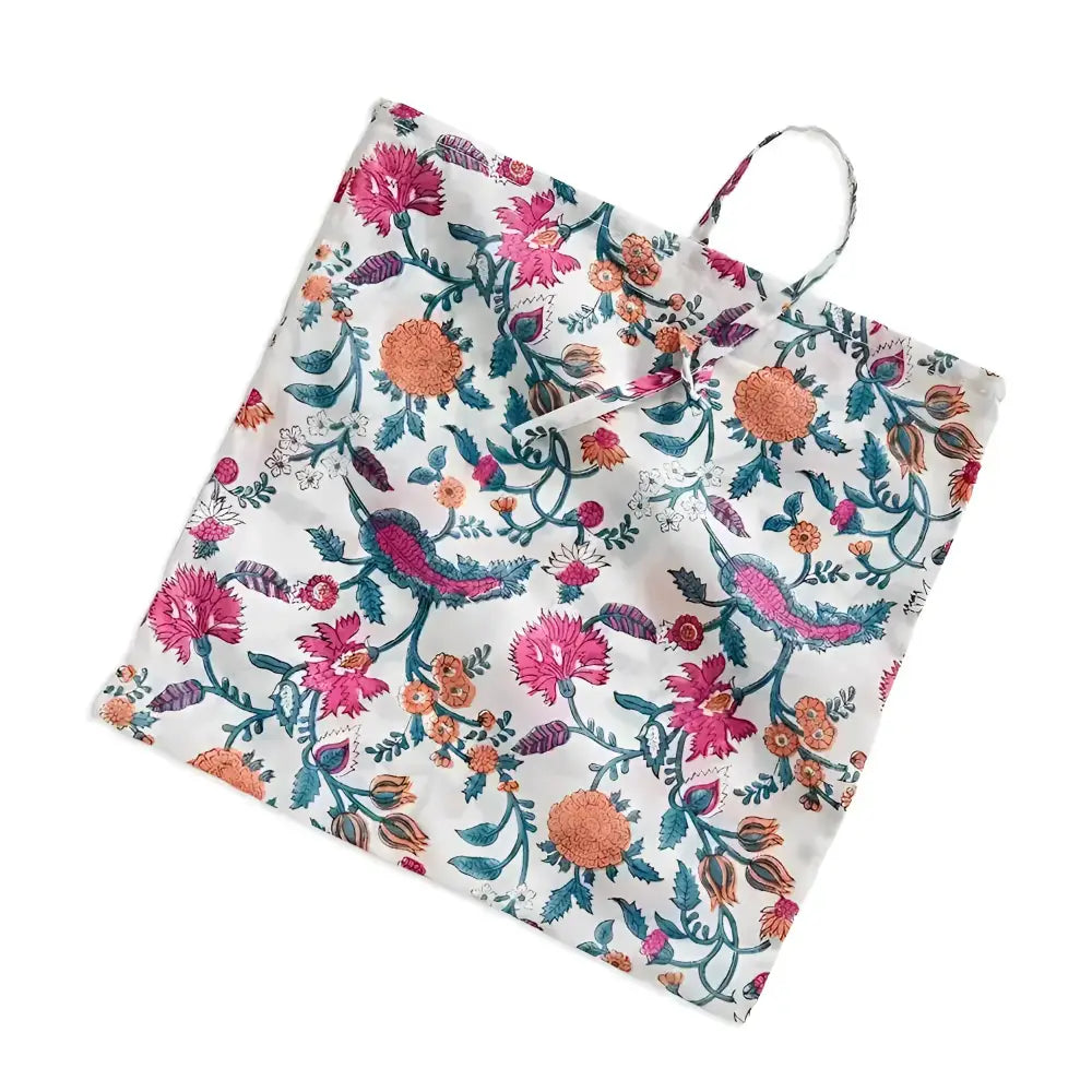 White cotton robe with colorful floral and bird block print pattern for Indian style