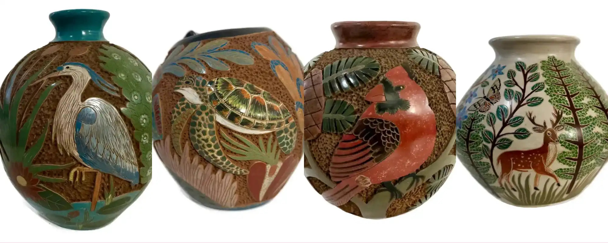 Four decorative ceramic vases with animal and nature motifs.