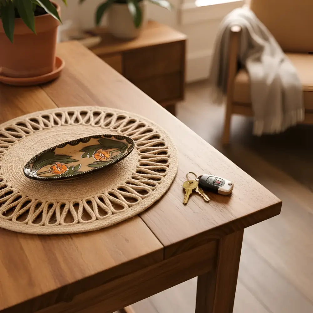 Handcrafted oval ceramic trinket dish with hand-painted orange and green globe mallow design on jute placemat