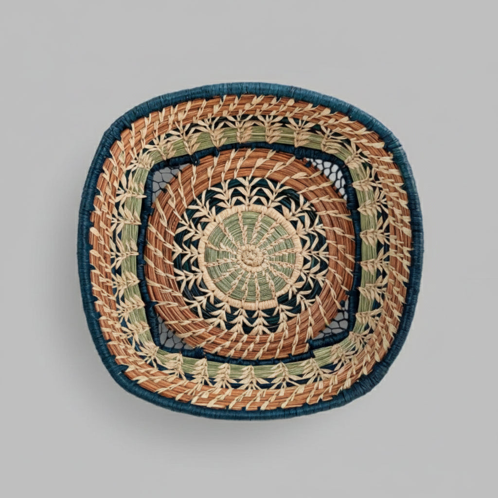 Colorful Guatemalan basket Tikal handmade basket with teal rim and concentric patterns