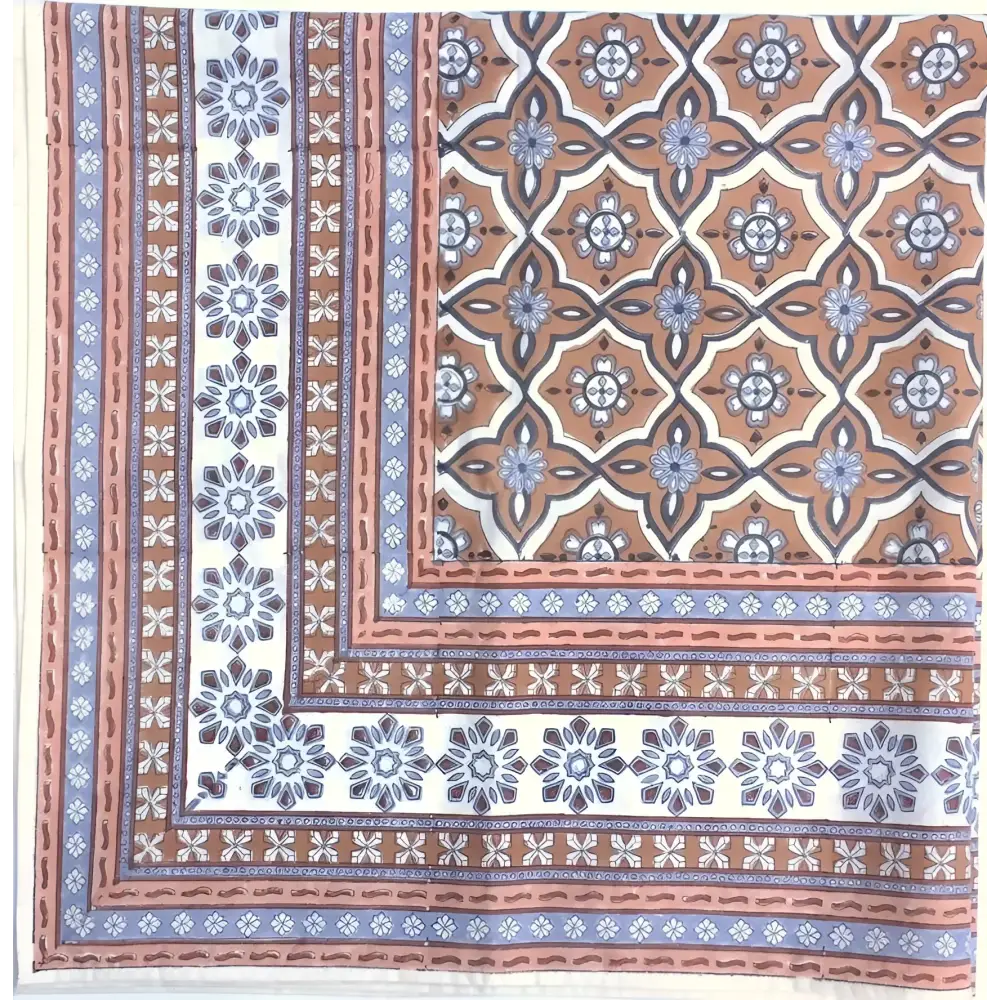 Fair trade hand block printed cotton fabric with floral and geometric pattern