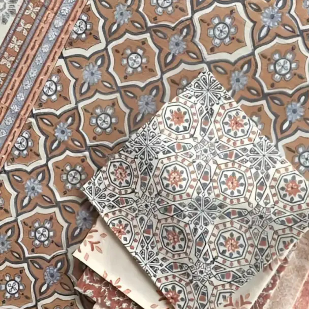 Stack of colorful fair trade hand block printed cotton fabric napkins with floral and geometric patterns