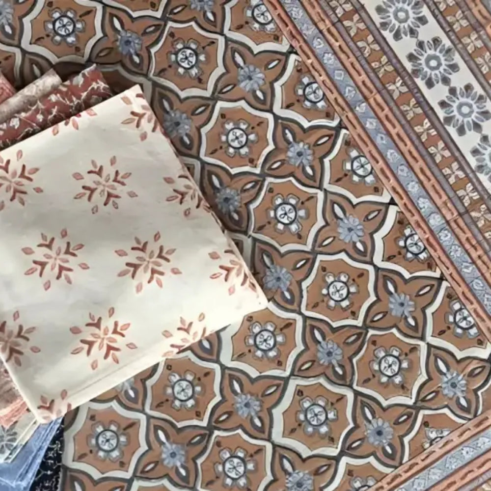 Fair trade hand block printed cotton fabric with floral and geometric patterns