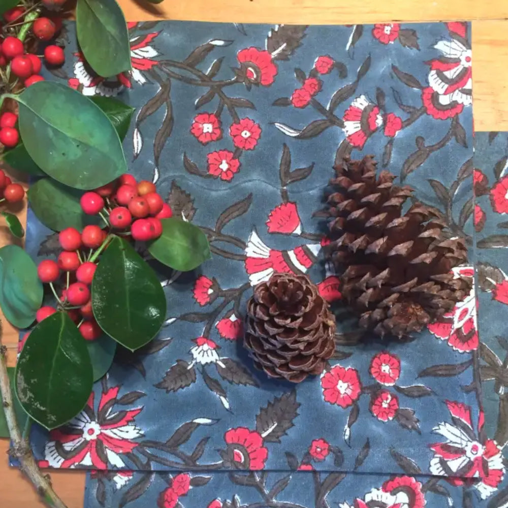 Blue fabric with red and white floral pattern for Hand Block Printed Fair Trade Cotton Napkins