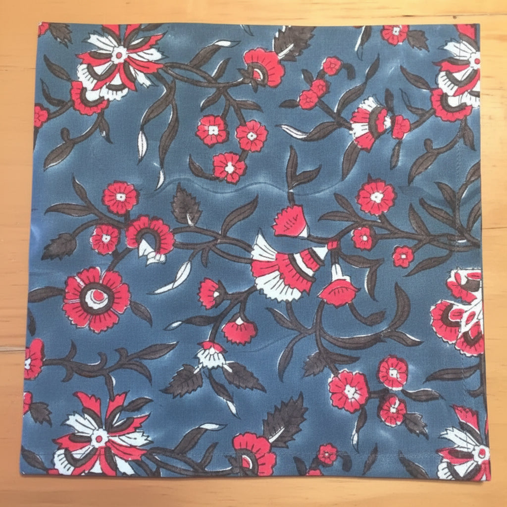 Blue fabric with red and white floral pattern for Hand Block Printed Fair Trade Cotton Napkins
