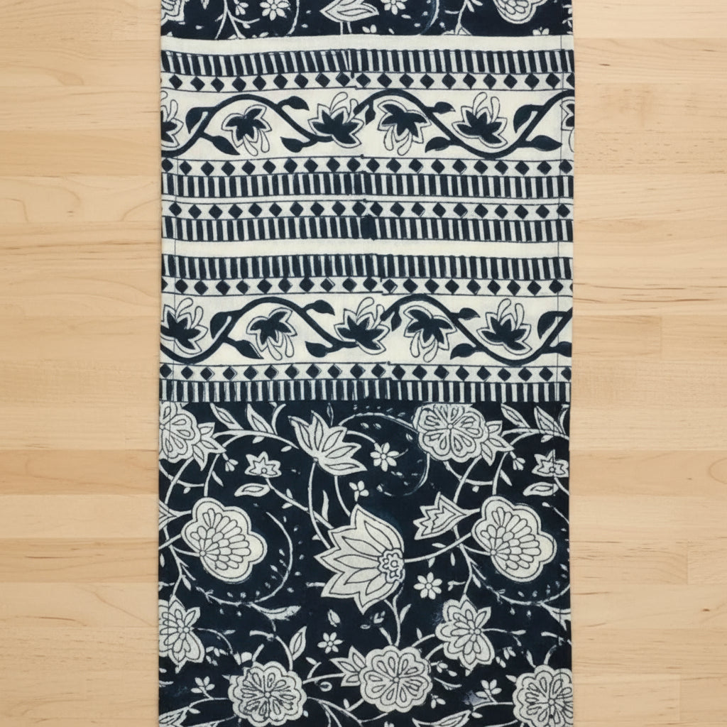 Fair trade hand block printed fabric in black and off-white for Pinecone and Berry Table Runner