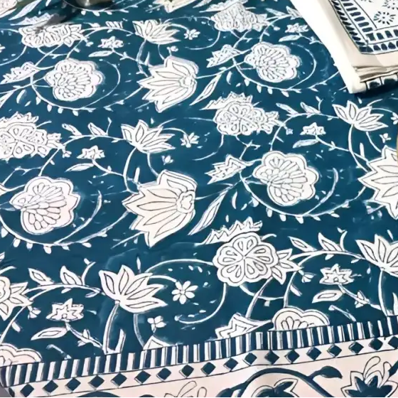 Teal floral hand block printed cotton tablecloth with napkins and plates by Mehera Shaw